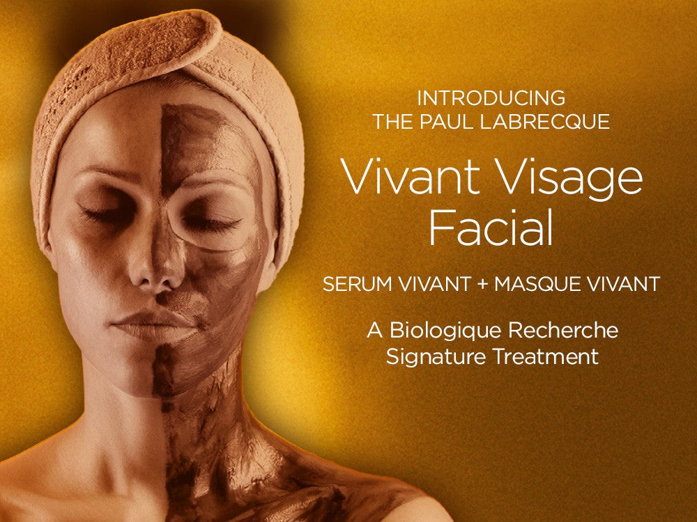 Woman on gold background with white text. She is wearing a hair towel and half her face/body is covered in product.