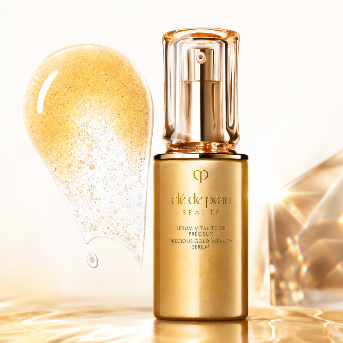 A bottle of Clé de Peau Beauté Precious Gold Vitality Serum in a reflective gold bottle with a clear cap, shown beside a large golden serum droplet on a warm white background.