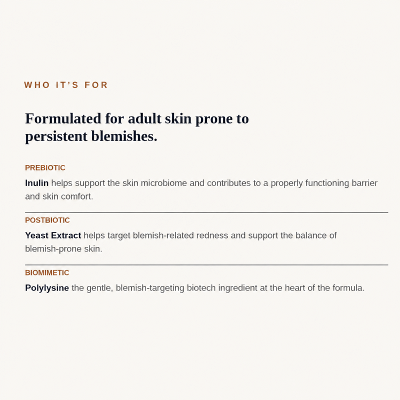 White background with orange/brown and dark blue text describing who the product is best for and what key ingredients are present.