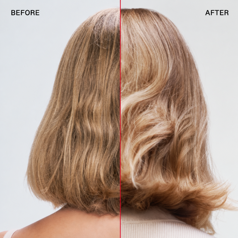 Before/After image depicting the back of a blonde womans head. The Before image shows dull, dry hair while the After image shows much healthier and more radiant hair.