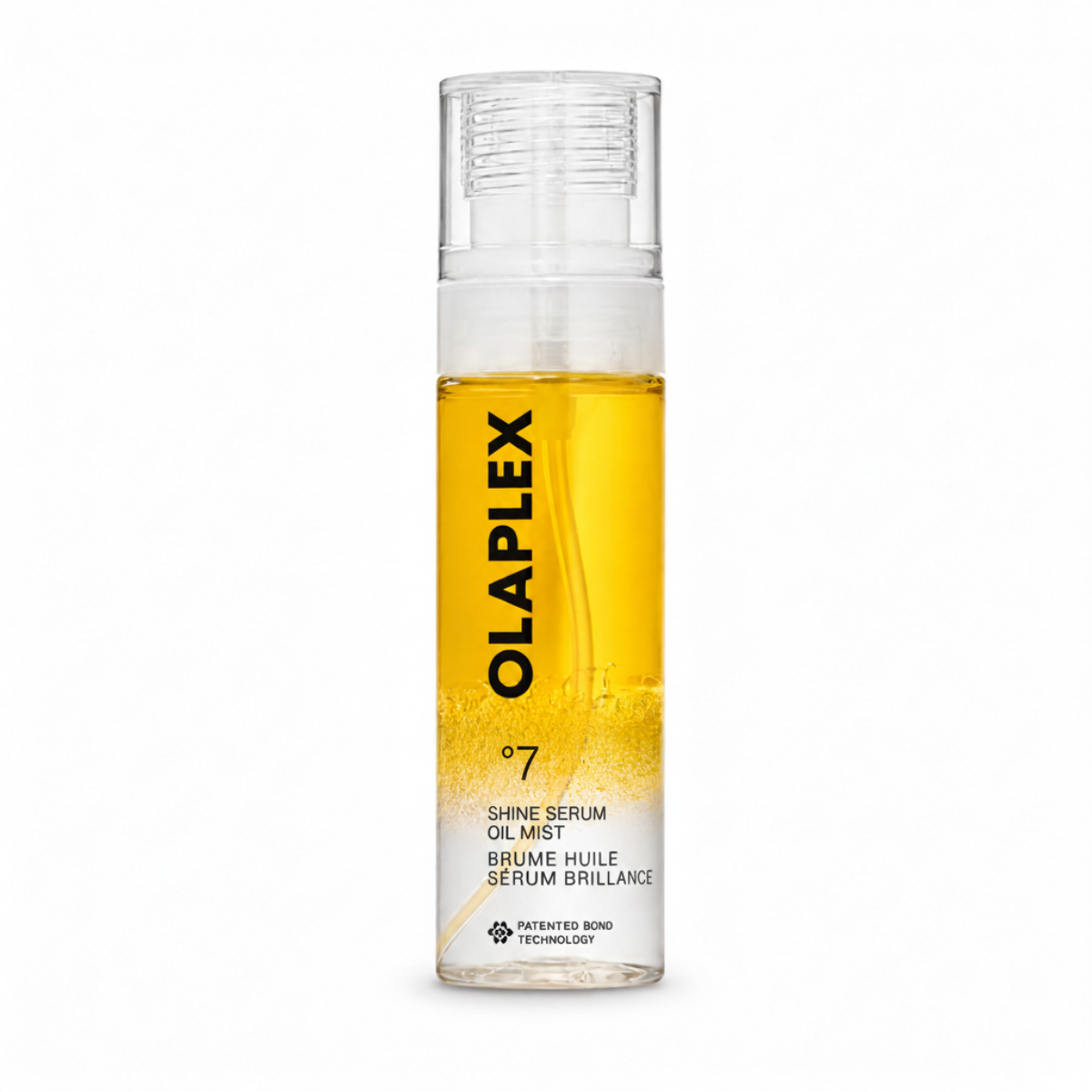 Olaplex No7 Shine Serum Oil Mist bottle on a white background