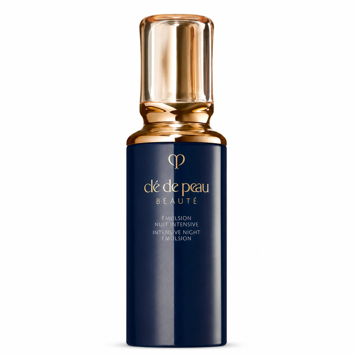 Blue and gold product bottle on white background