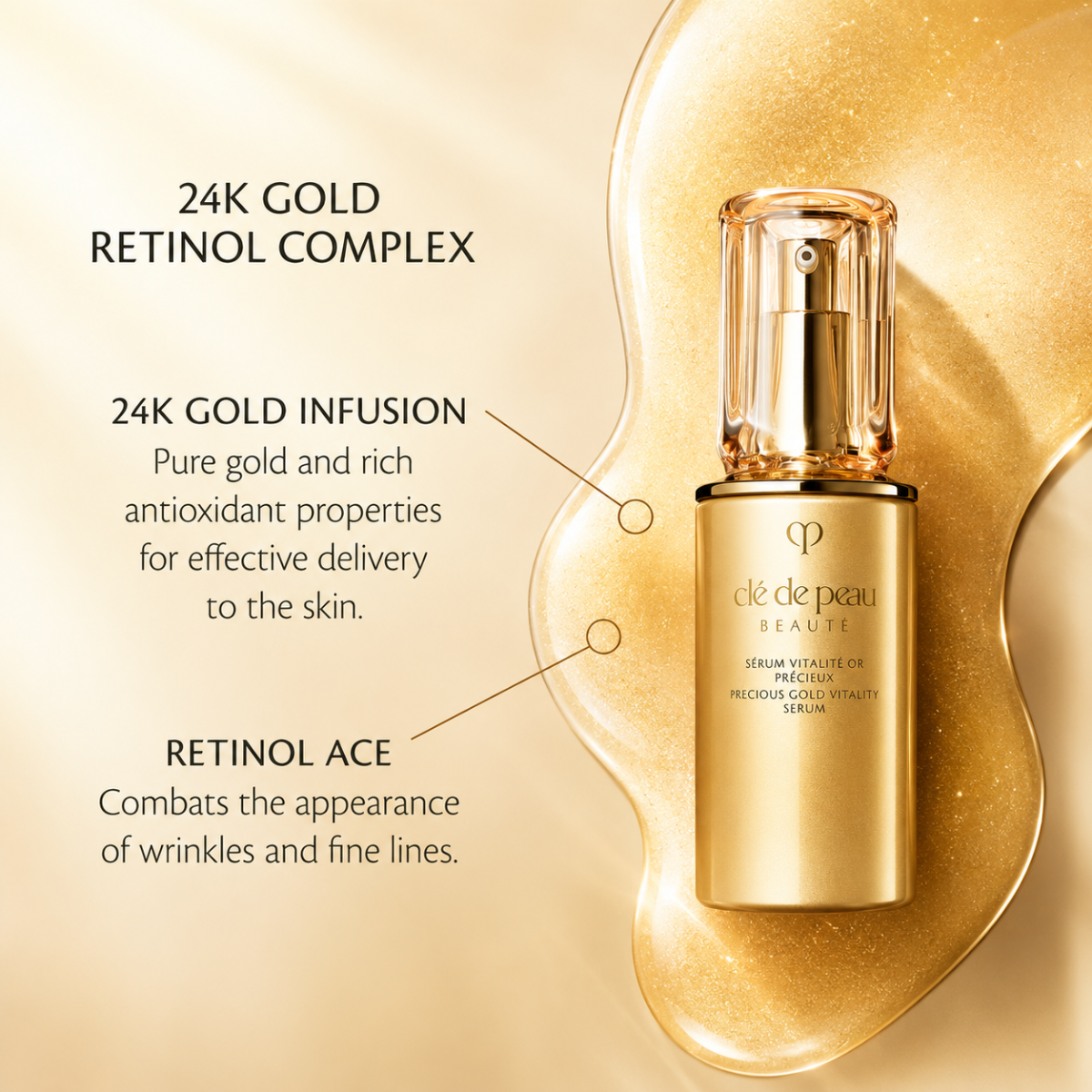 Gold product on righthand side on gold fluid background with black text on left
