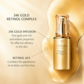 Gold product on righthand side on gold fluid background with black text on left