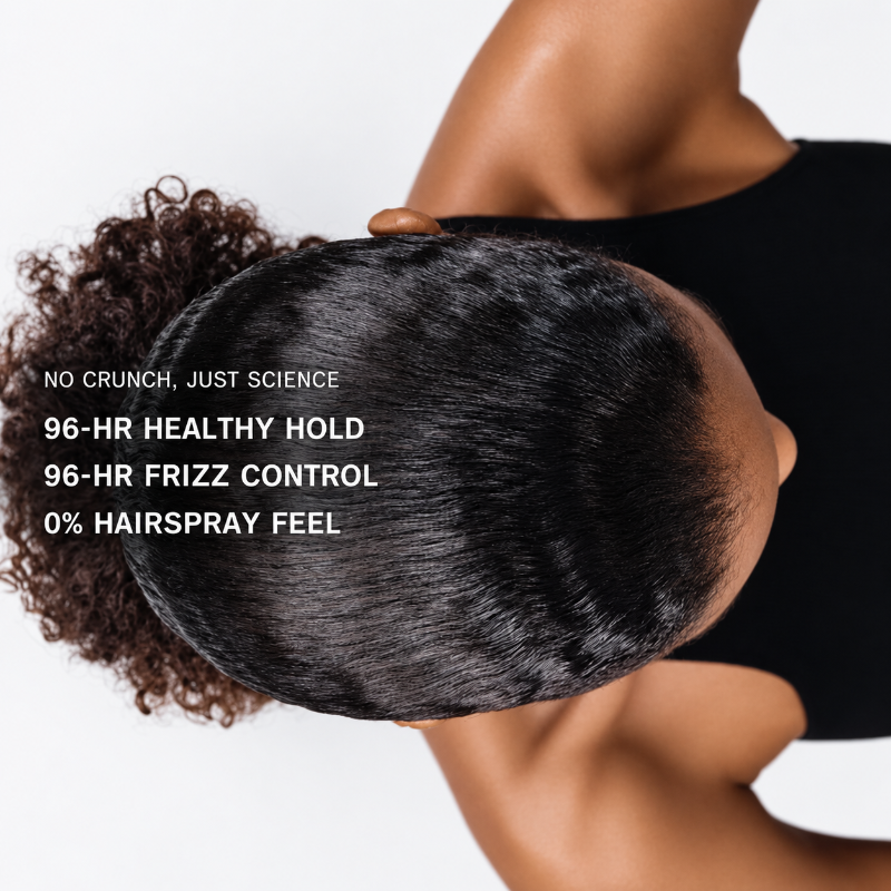 Image of a dark-haired womans head and torso from birds eye view, with text presenting product trial statistics. 