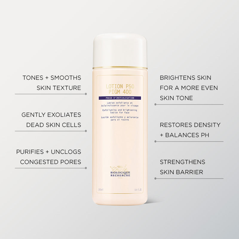 Biologique Recherche exfoliating toner P50 PIGM 400 benefits, brightening toner for hyperpigmentation, dark spots, and dull skin