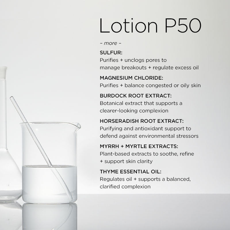 Biologique Recherche Lotion P50 acne toner for oily and combination skin, controls excess oil, minimizes pores, and smooths texture with active botanical extracts