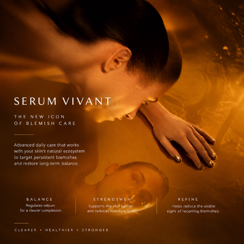 Woman looking into reflection on amber surface with white text over the image describing Biologique Recherche Serum Vivant product features.