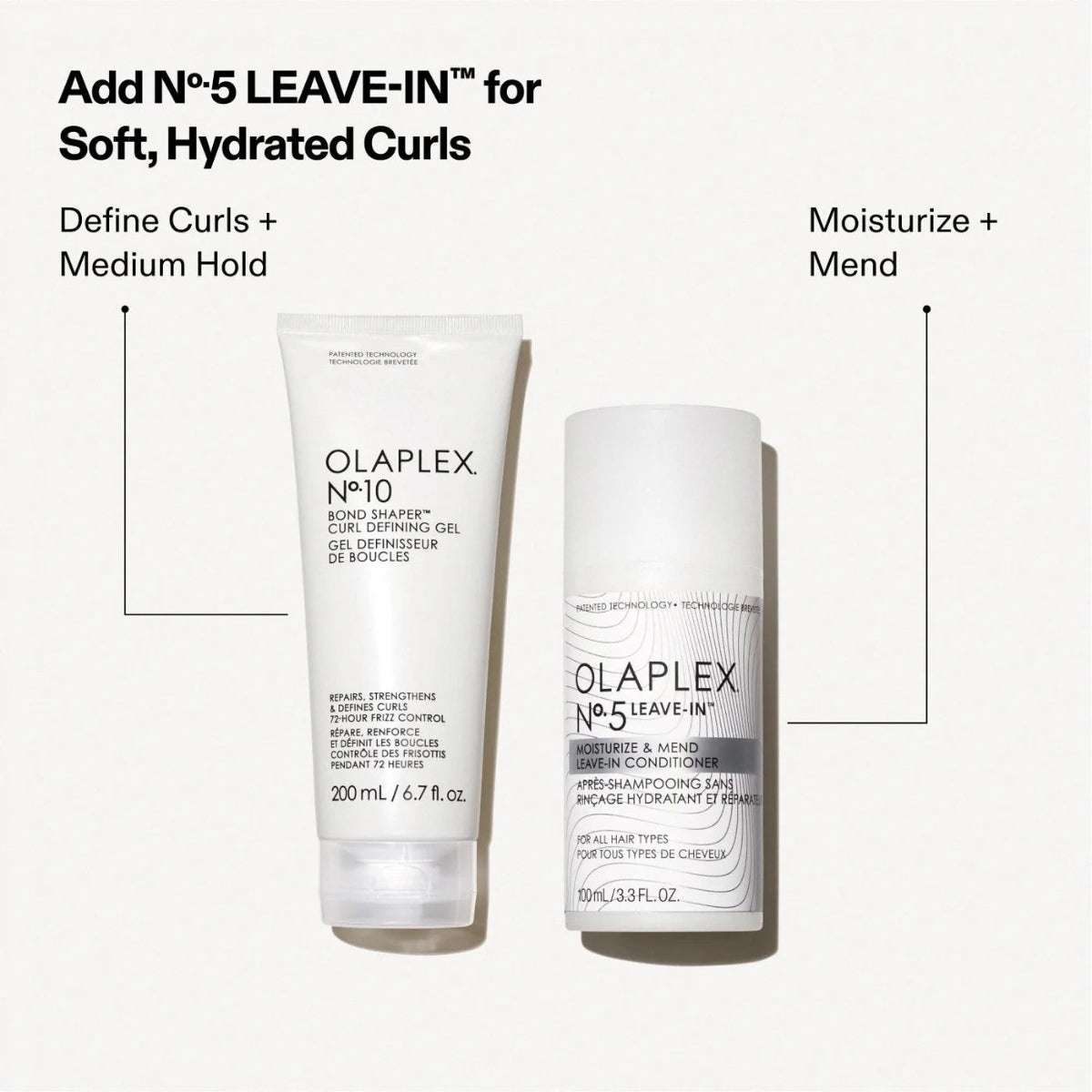 Two Olaplex hair care products on a white background with text describing their uses.