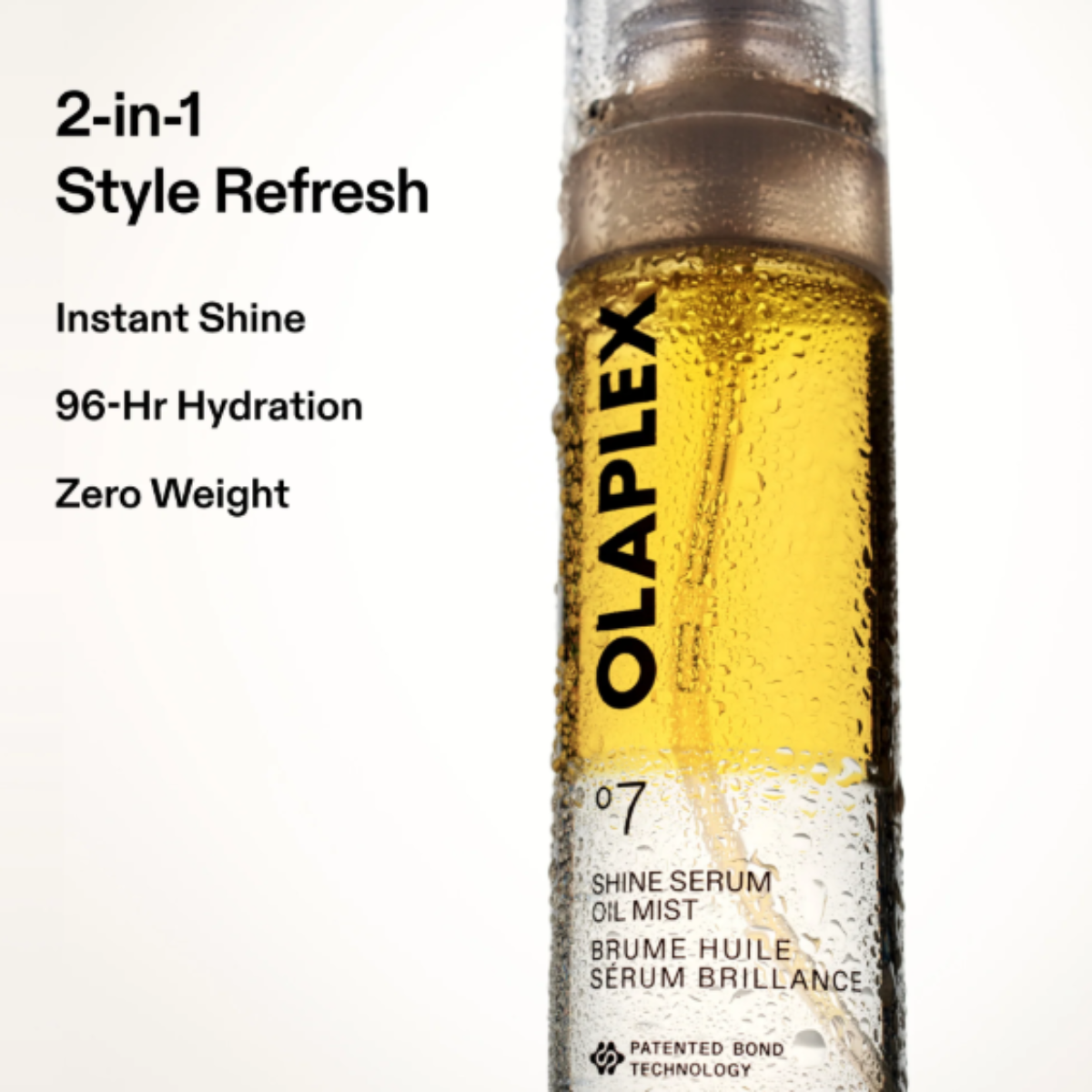 Olaplex 07 Shine Serum Oil Mist bottle with text on a white background