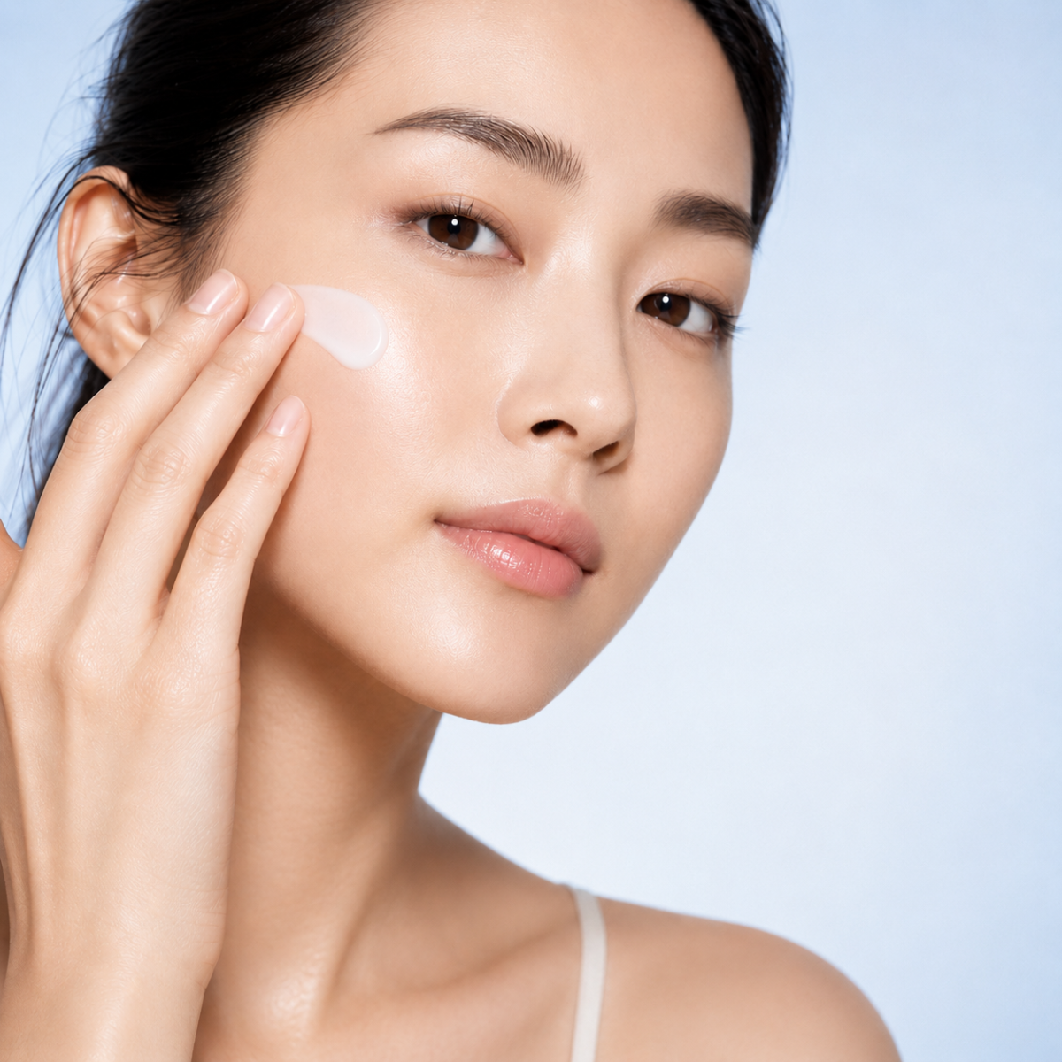 Lady on light blue background smoothing product onto face.