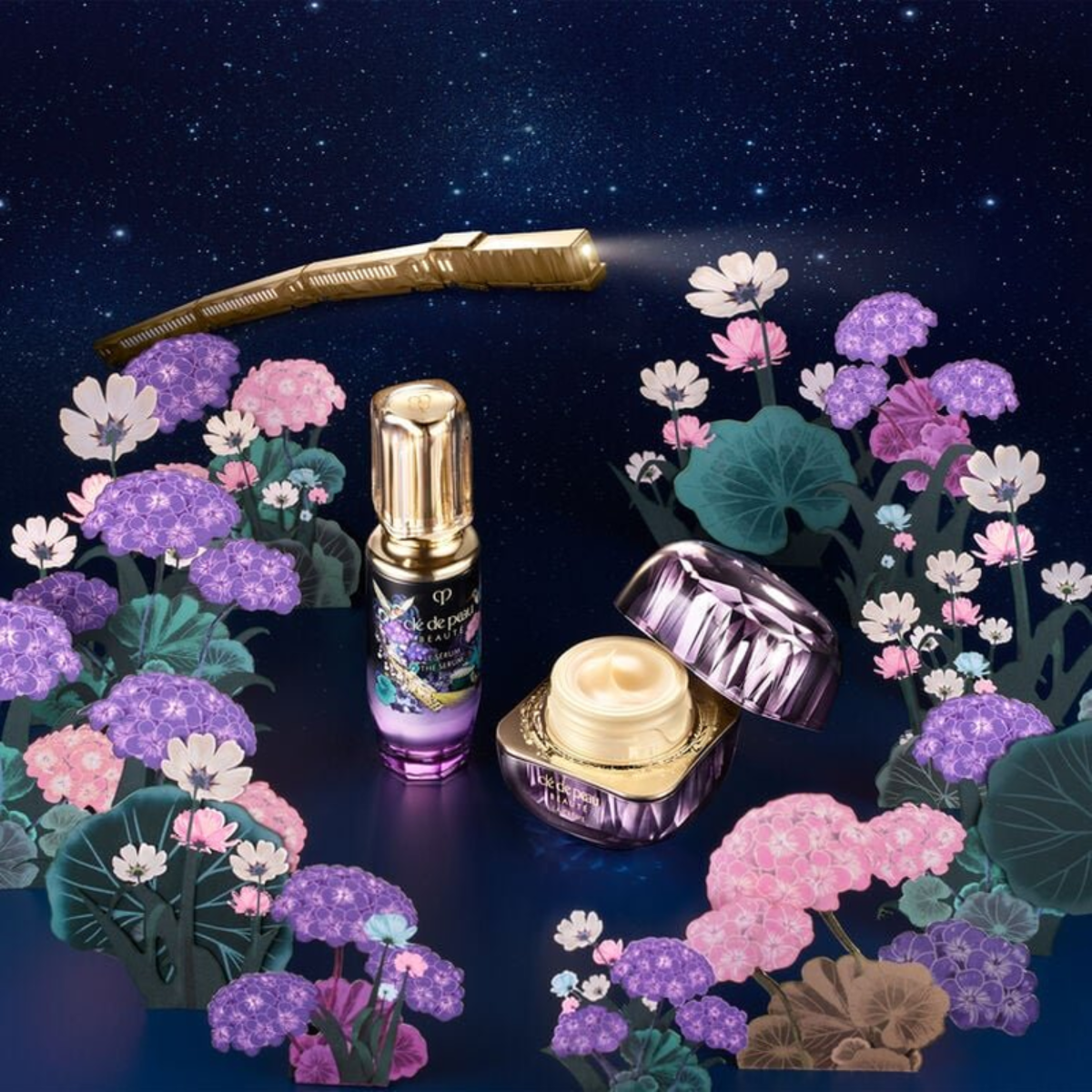 Cosmetic products with a starry night background and floral illustrations